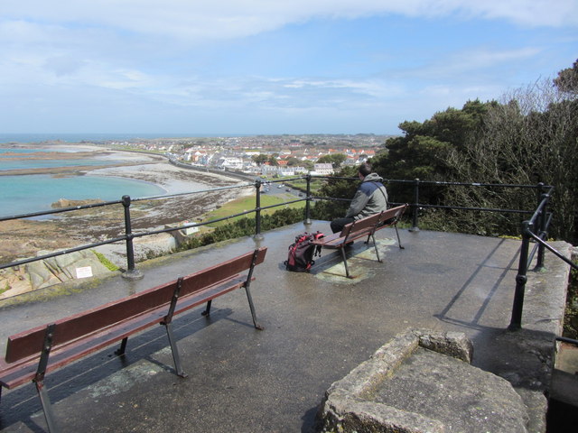 View to Cobo Bay from the viewpoint at Rocque Du Guet Battery